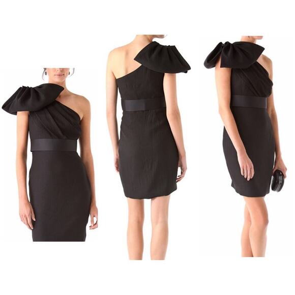 Marchesa Notte Dress One Shoulder Mini Bow Beaded Belted Cocktail LBD Black 4 - Picture 2 of 9